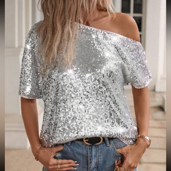 Elegant Asymmetrical Neck Batwing Sleeve Sequin Blouse - Picture 4 of 5